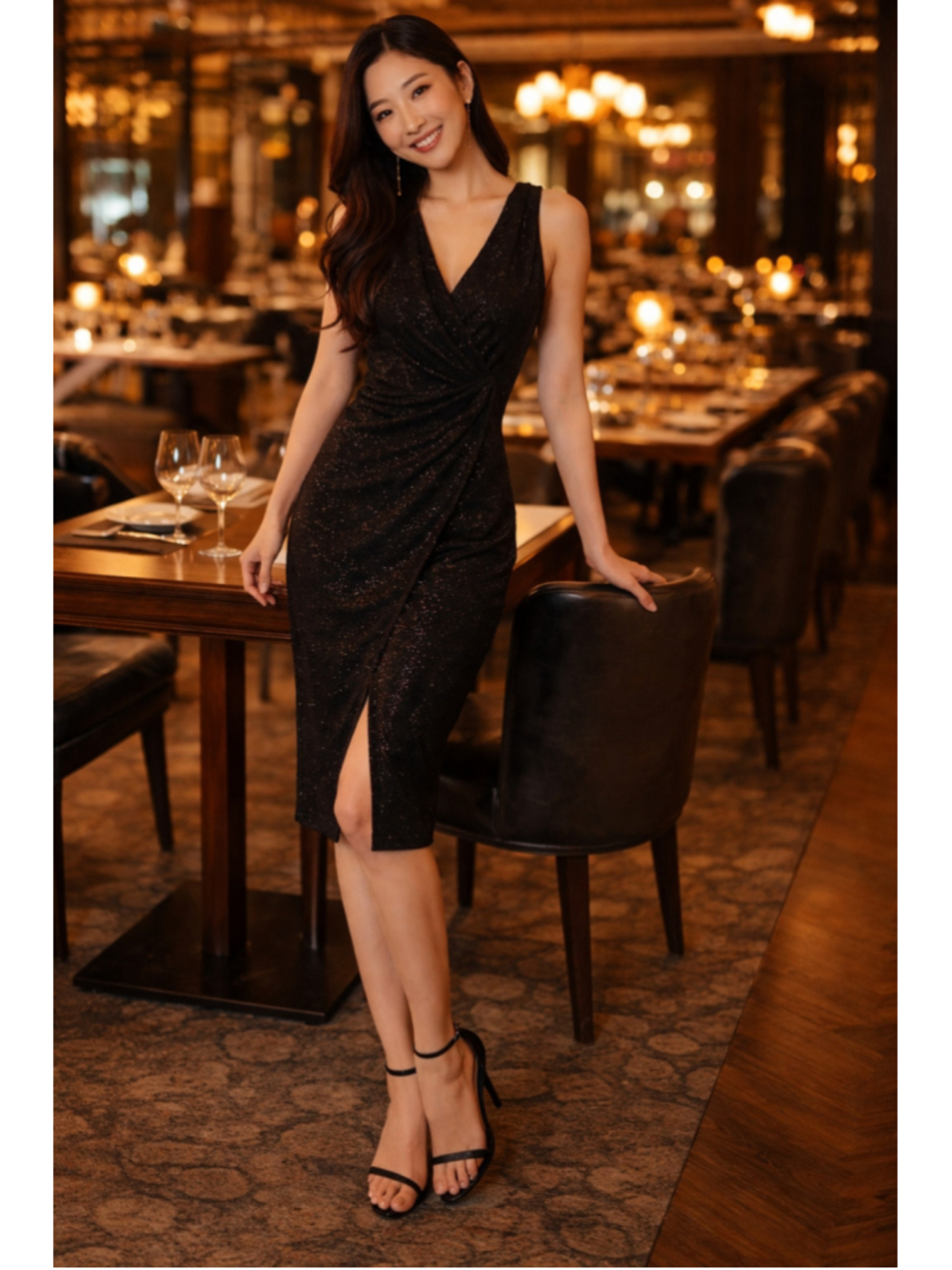 Lauren Ralph Lauren Black Sequin Wrap Dress LBD Size 4 Elegant Old Hollywood